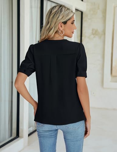 41Yvl4JSt8L.jpg Womens Dressy Casual Tops Keyhole Business Work Blouses Pleated Puff Sleeve Summer Shirts