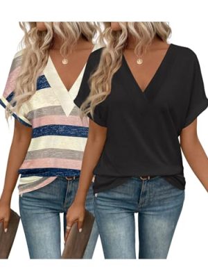 2PCS T Shirts Short Sleeve V Neck Tees Womens Fashion Tops Trendy Soft 2025 Casual Summer Spring Outfits Clothes