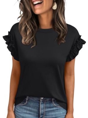 Womens Short Sleeve Tops Summer Tshirts Casual 2025 Cute Ruffle Crewneck Trendy Fashion Dressy Cute Work Outfits