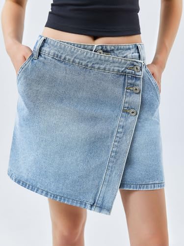 Womens Jean Skirts Casual Wrap Button Asymmetrical Hem Summer Denim Mini Skirt
