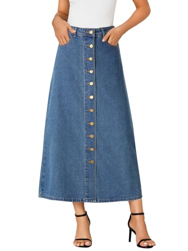 Women's Casual Button Down High Waisted A Line Jean Midi Long Denim Skirt with Pockets