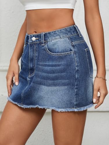 Women's High Waist Bodycon Denim Mini Skirt Y2K Raw Hem Jean Skirt