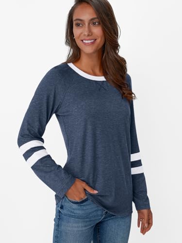 Womens Long Sleeve Shirts Color Block Casual Crewneck Tops Tshirt Basic Tee Fall Fashion Clothes Trendy Outfits