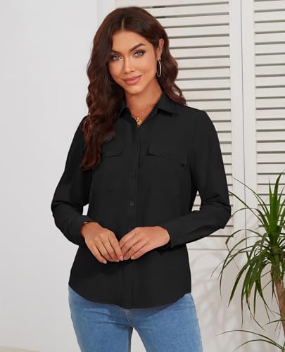 41b14x5VcLL.jpg Women's Button Down Blouse Long Sleeve Dress Shirts for Work Office Business Casual Chiffon Tops