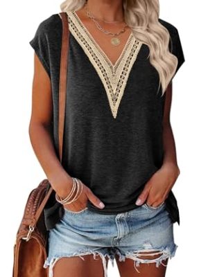 Women's Casual Cap Sleeve Lace Trim V Neck Tops 2025 Summer Loose Tee Shirts Blouse