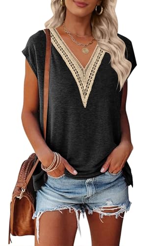 Women's Casual Cap Sleeve Lace Trim V Neck Tops 2025 Summer Loose Tee Shirts Blouse