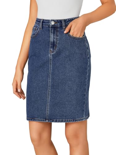 Women's Casual Stretch High Waist Bodycon Denim Jean Midi Skirt with Pockets