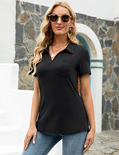 41cS8sbTgiL.jpg Womens V Neck Polo Shirts Short Sleeve Collared Tops Loose Casual Tunic Blouses with Pocket