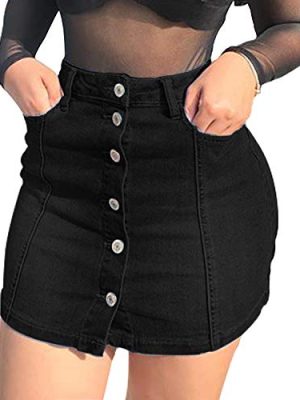 Women's Button Down Front Denim Short Skirt with Side Pocket