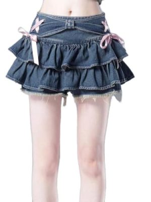Y2K Women Ruffle Hem Blue Jean Pleated Mini Skirt - Denim Bustier Top Suit