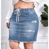 Women's Plus Size Denim Skirt High Waisted Elastic Drawstring Waist Raw Hem Ripped Vintage Short Jean Skirt