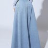 Women's Retro High Waisted Button Fly Flared Long Jean Skirts Pleated Flowy Swing A-line Denim Maxi Skirts