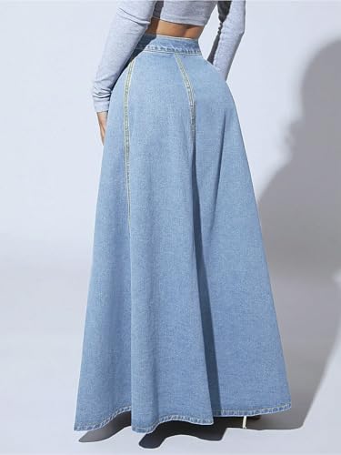 Women's Retro High Waisted Button Fly Flared Long Jean Skirts Pleated Flowy Swing A-line Denim Maxi Skirts