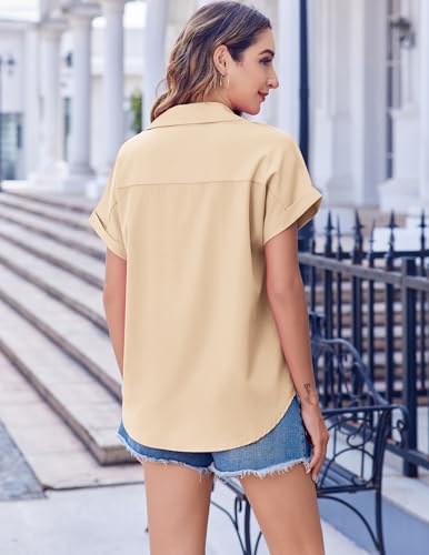 Short Sleeve Summer Tops for Women Casual Button Down Shirts Solid/Striped Business Work Blouses
