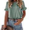 Women's Short Sleeve Casual T Shirts Summer Ruffle Plain Round Neck Loose Fit Tee Blouse Tops