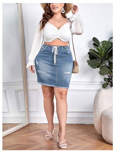 Women's Plus Size Denim Skirt High Waisted Elastic Drawstring Waist Raw Hem Ripped Vintage Short Jean Skirt
