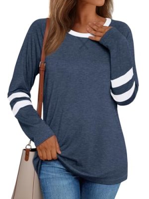 Womens Long Sleeve Shirts Color Block Casual Crewneck Tops Tshirt Basic Tee Fall Fashion Clothes Trendy Outfits