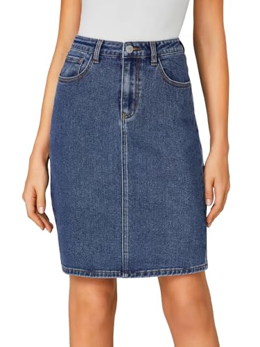 Women's Casual Stretch High Waist Bodycon Denim Jean Midi Skirt with Pockets