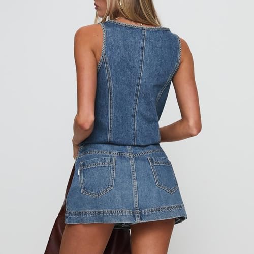 Women??s Tie Front Denim Jean Vest Top and Mini Skirt 2-Piece Set Summer Trendy Going Out Outfits Clothes 2025