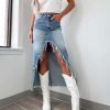 Womens Casual Slit Denim Midi Jean Skirt High Waist Frayed Distressed Button A-Line Long Jean Skirt
