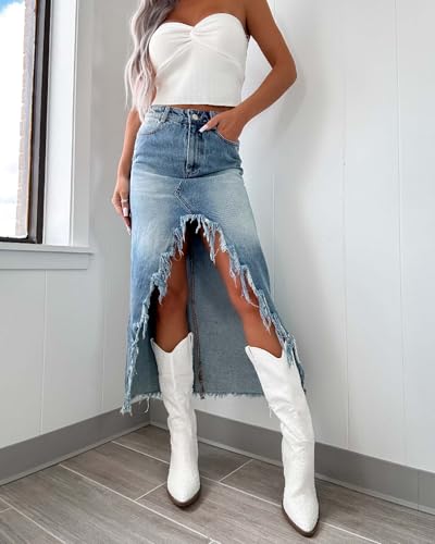 Womens Casual Slit Denim Midi Jean Skirt High Waist Frayed Distressed Button A-Line Long Jean Skirt