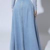 Women's Retro High Waisted Button Fly Flared Long Jean Skirts Pleated Flowy Swing A-line Denim Maxi Skirts