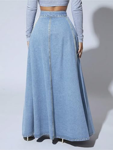 Women's Retro High Waisted Button Fly Flared Long Jean Skirts Pleated Flowy Swing A-line Denim Maxi Skirts