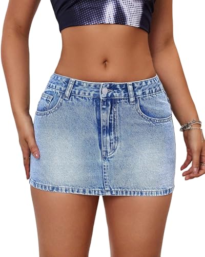 41gDxMsrtXL.jpg Women's Low Rise Stretchy Denim Skirts Sexy Comfy Mini Jean Skirt for Summer Casual Streetwear