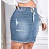 Women's Plus Size Denim Skirt High Waisted Elastic Drawstring Waist Raw Hem Ripped Vintage Short Jean Skirt