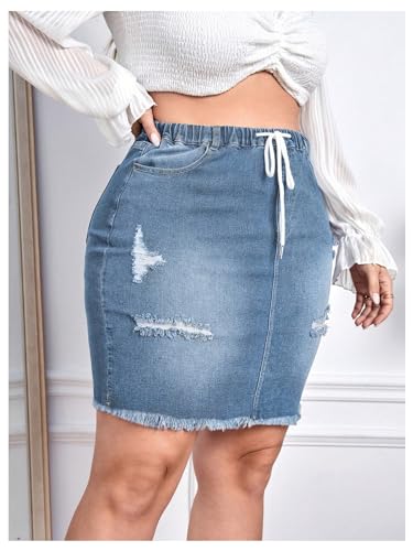 Women's Plus Size Denim Skirt High Waisted Elastic Drawstring Waist Raw Hem Ripped Vintage Short Jean Skirt