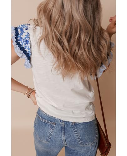 41gfHPYryFL.jpg Womens Summer Ruffle Short Sleeve Top Crewneck T Shirts Floral Trim Casual Blouses