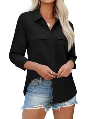 Women's Button Down Blouse Long Sleeve Dress Shirts for Work Office Business Casual Chiffon Tops