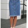 Jean Skirts for Women Button Down Distressed Raw Hem Casual Summer Stretchy Knee Length Denim Skirt with Pockets