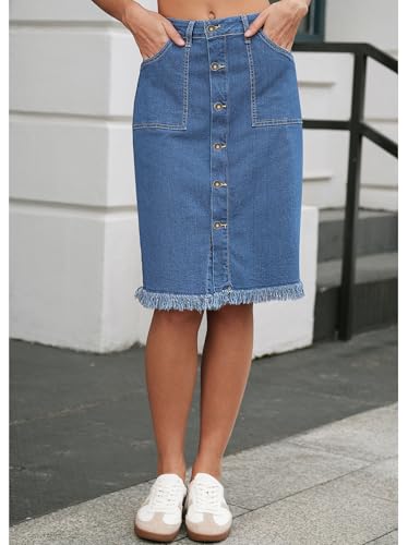 Jean Skirts for Women Button Down Distressed Raw Hem Casual Summer Stretchy Knee Length Denim Skirt with Pockets