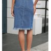 Jean Skirts for Women Button Down Distressed Raw Hem Casual Summer Stretchy Knee Length Denim Skirt with Pockets