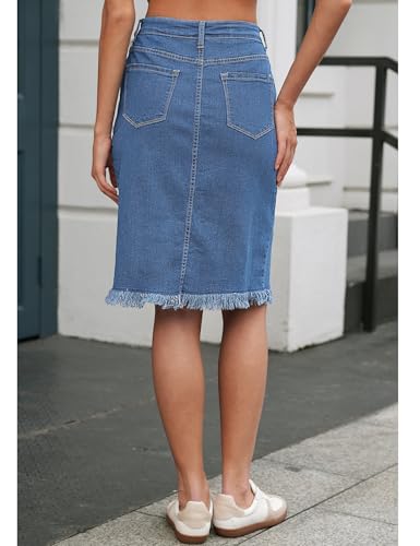Jean Skirts for Women Button Down Distressed Raw Hem Casual Summer Stretchy Knee Length Denim Skirt with Pockets