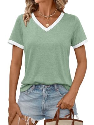 Womens Short Sleeve T-Shirts Summer Tops Casual Soft Tunic V Neck Basic Workout Clothes Spring Fashion Outfits 2025