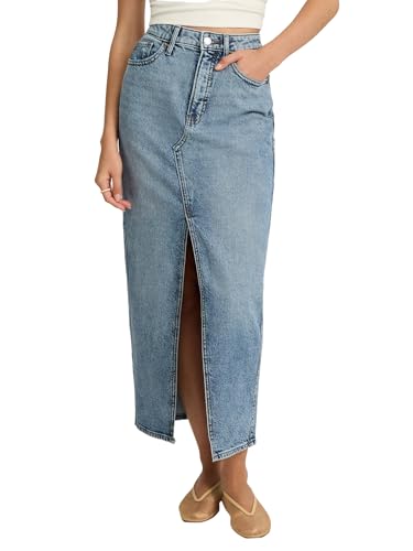 Women??s Maxi Denim Skirt ?C High Waisted Stretch Jean Skirt with Front Slit ?C Medium Wash