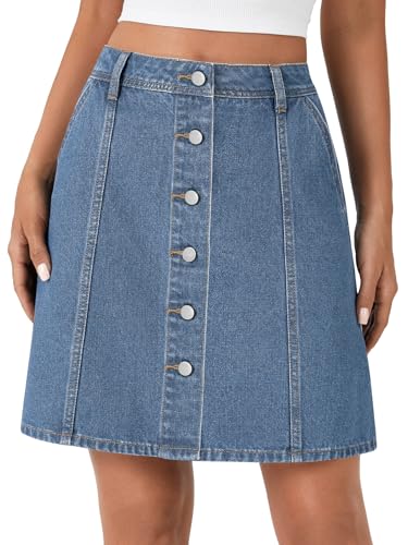 Women's Button Down High Waisted A Line Jean Mini Denim Skirt with Pockets
