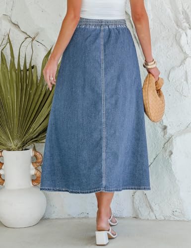 41j6sff5AwL.jpg Denim Skirts for Women Trendy A Line Long Maxi Pull On Elastic Waist Drawstring Stretchy Jean Skirt with Pockets