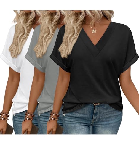 3 Pack T-Shirts Short Sleeve V Neck Tops for Women 2025 Fashion Summer Loose Fit Cute Tee Clothes Trendy Fashion Outfits