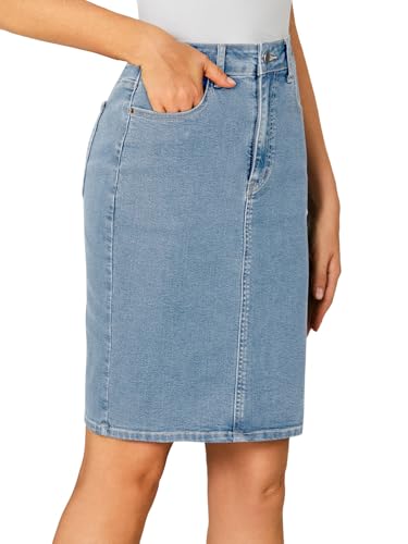 41kVUuxRaL.jpg Women's Casual Stretch High Waist Back Slit Denim Jean Knee Length Skirt