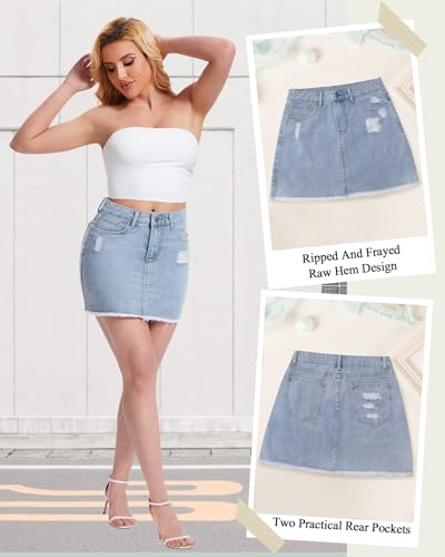 Casual Jean Skirts for Women Denim Mini Skirt Ripped Mid Waist Jean Skirt Frayed Raw Hem Denim Skirts