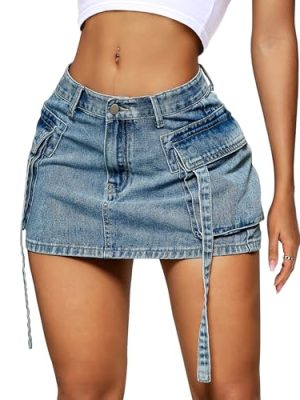 Womens Cargo Skirt Low Waist Button Denim Mini Skirt Summer Y2k Jean Skirt with Flap Pockets