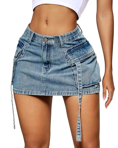 Womens Cargo Skirt Low Waist Button Denim Mini Skirt Summer Y2k Jean Skirt with Flap Pockets