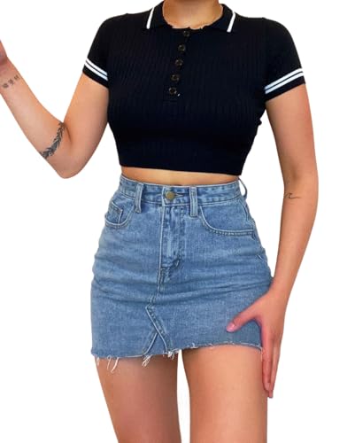 41lH4aluBAL.jpg Womens Jean Skirt Stretch Casual 2025 Summer Short Basic Fringed Slim Fit Denim Bodycon Pencil Skirts