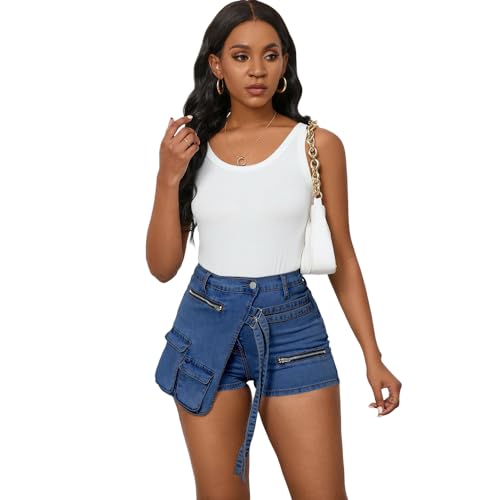 41lVw1bxJ9L.jpg Women's Denim Skorts Stretchy Asymmetrical Jean Skirt Shorts