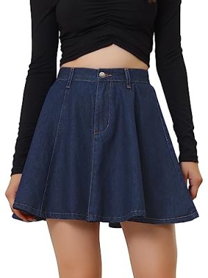 Women's Casual Denim Skirt High Waist A-Line Flared Mini Jean Skirts with Belt