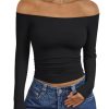 Womens Long Sleeve Off The Shoulder Tops Going Out Cute Basic Y2K Fall Fashion 2025 Outfits Clothes