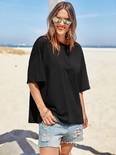 Womens Oversized Tshirts Summer Casual Short Sleeve Crew Neck T Shirt Loose Fit Side Slit Tee Tops